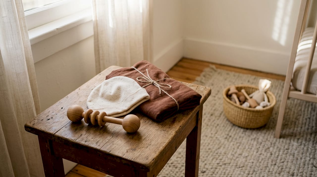 Eco-friendly baby gift ideas on nursery table