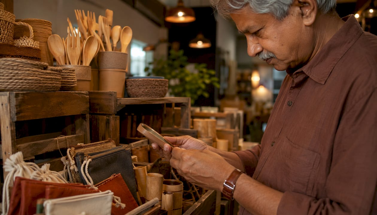 Man choosing eco-friendly gifts in boutique store