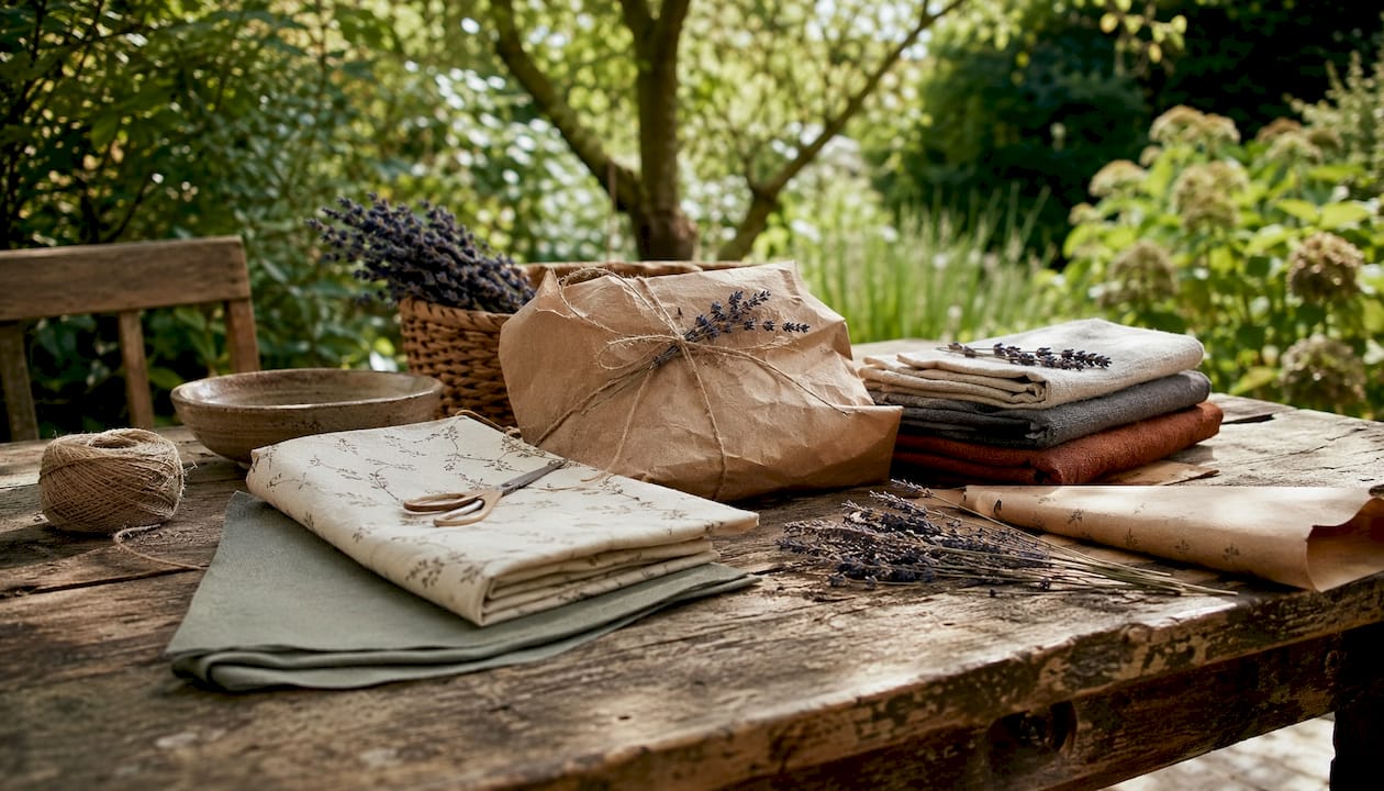 Zero waste gift wrapping alternatives on picnic table