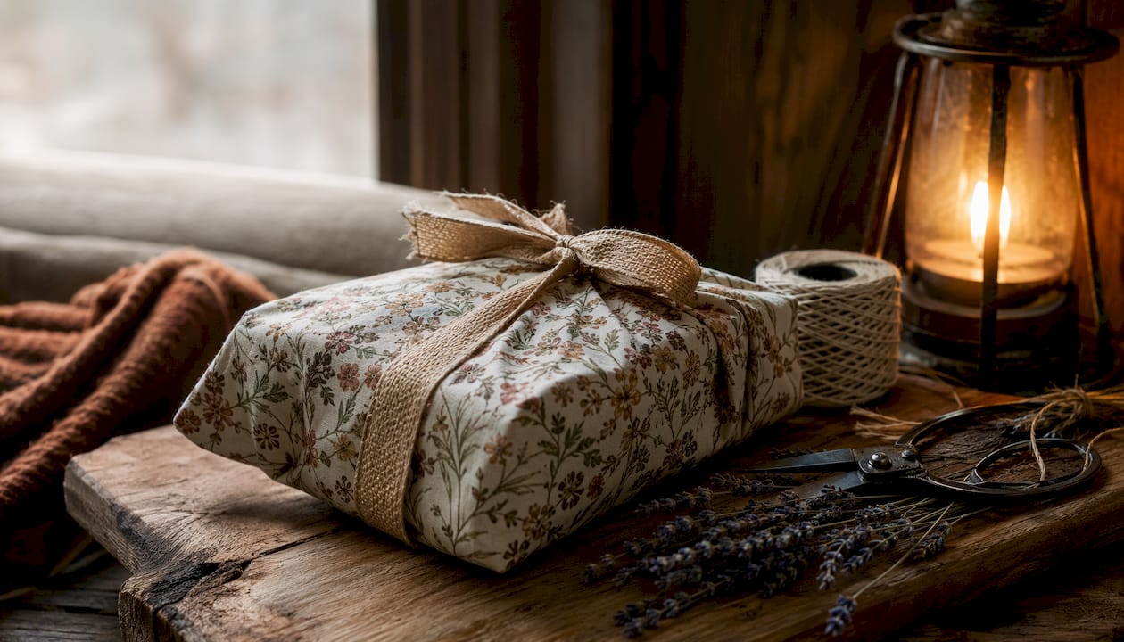 Fabric wrap with ribbon closure flat-lay