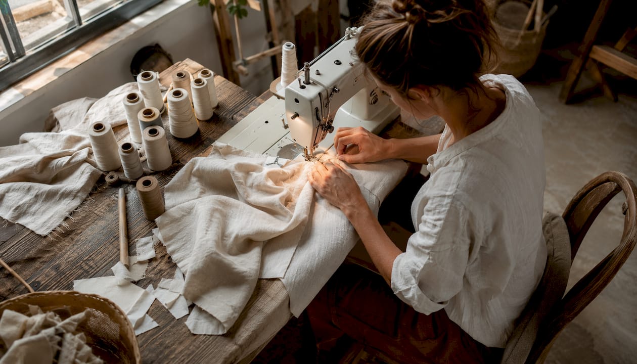 Artisan sewing organic cotton fabric wrap