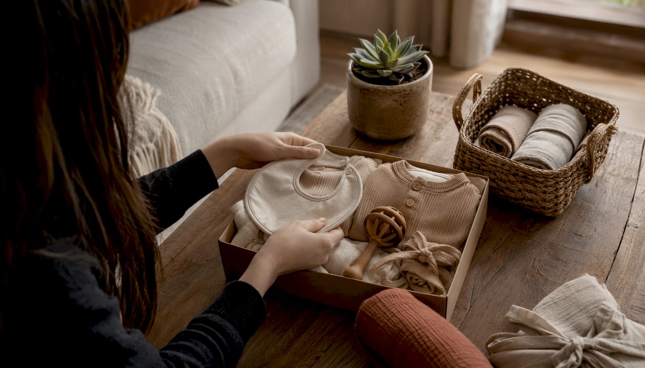 Hands arranging personalised baby gift set on table