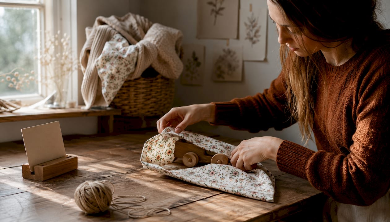 Hands preparing reusable fabric wrap for baby gift