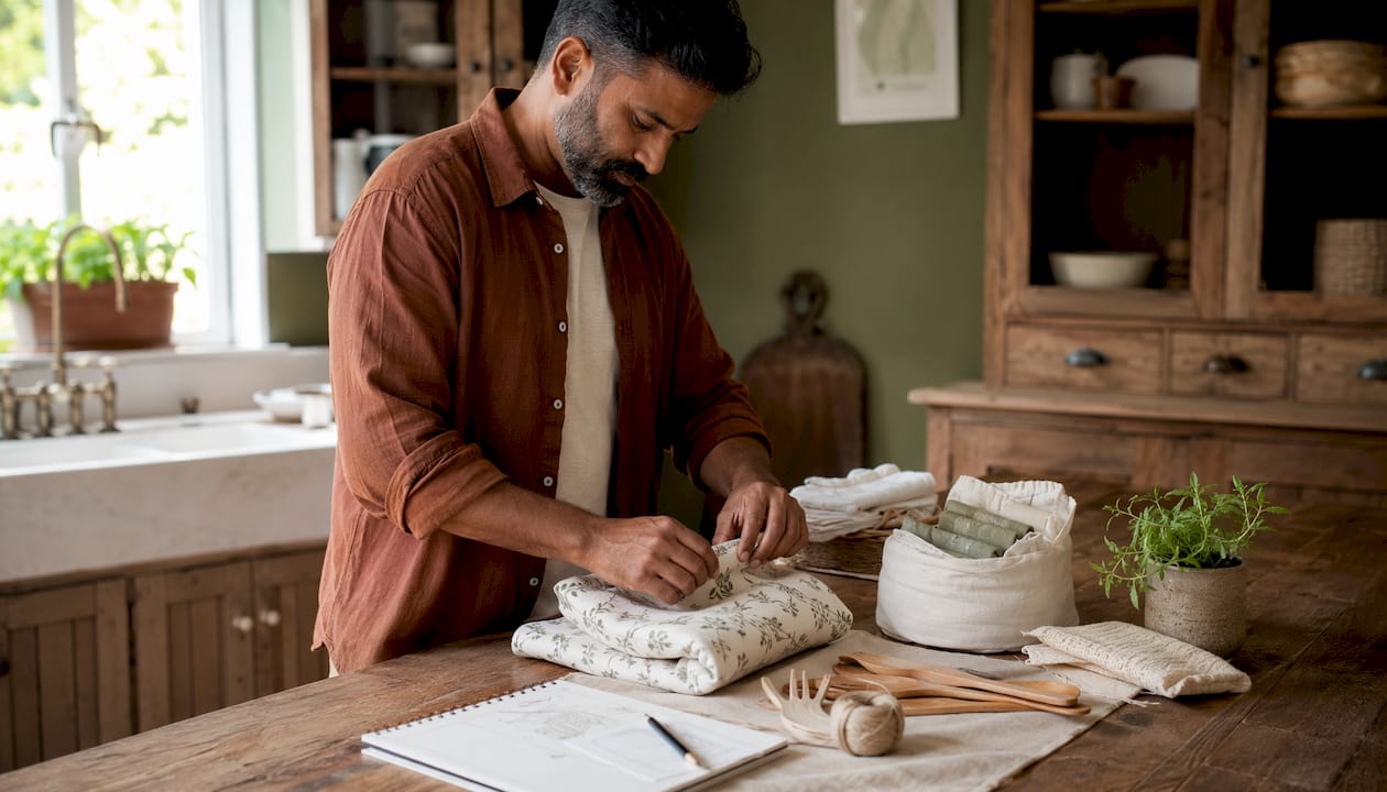 Man assembling eco-friendly baby gift at desk