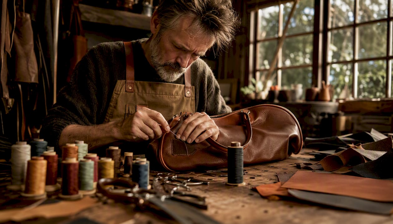 Artisan sewing repair patch on luxury handbag