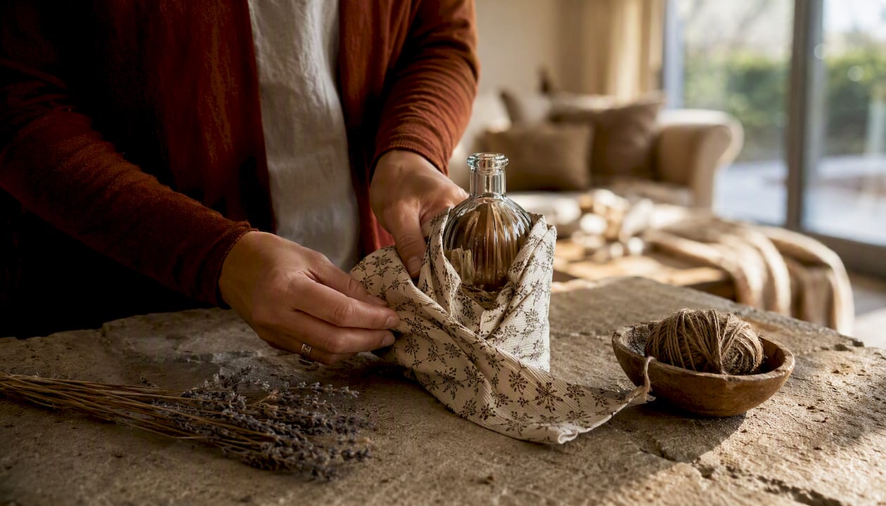 Close-up of hands wrapping gift with reusable fabric