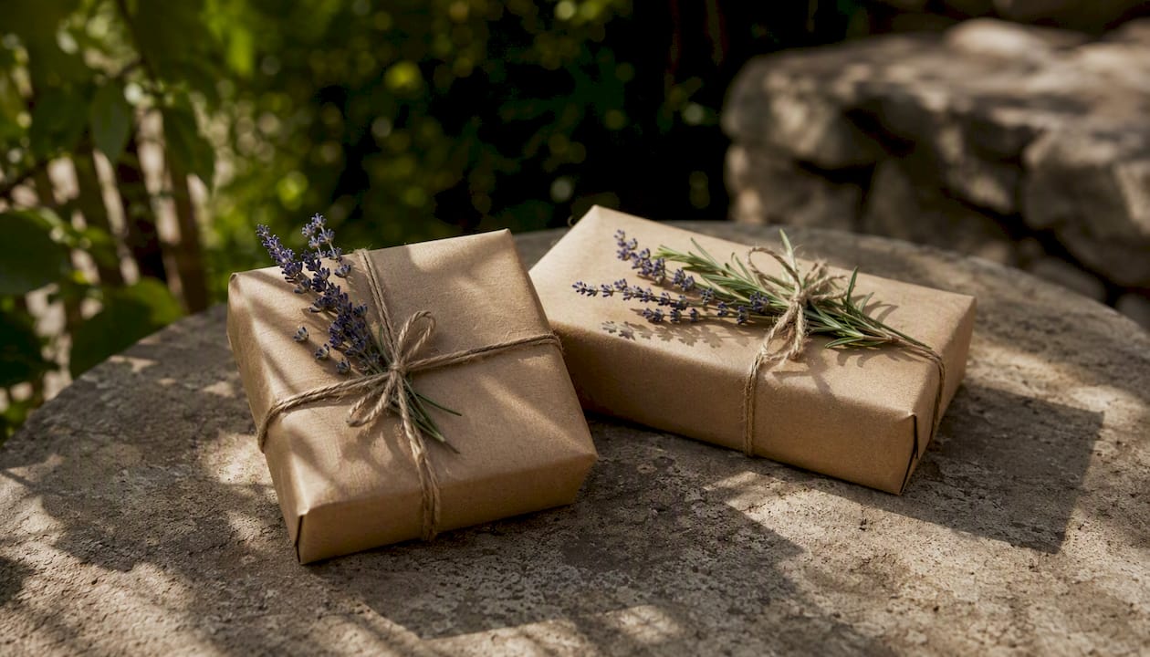 Kraft paper gift wrapped with dried botanicals