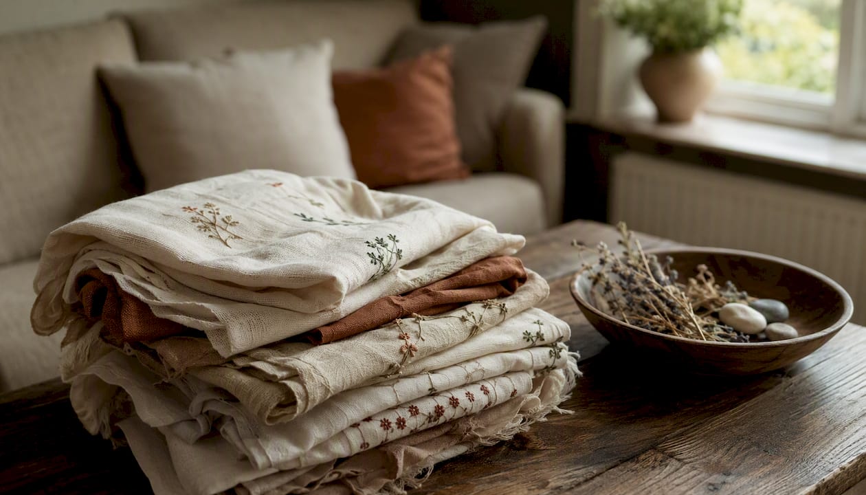 Stacked embroidered fabric gift wraps with natural props