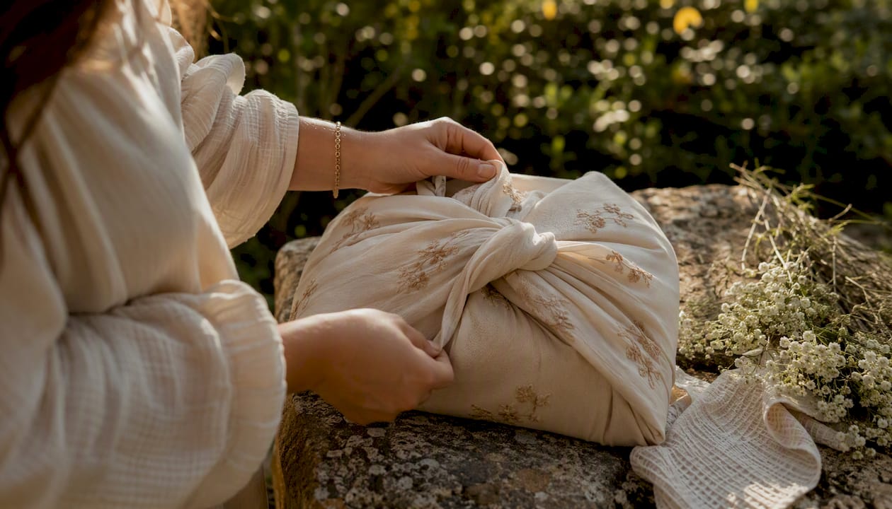 Hands tying embroidered fabric wrap on gift
