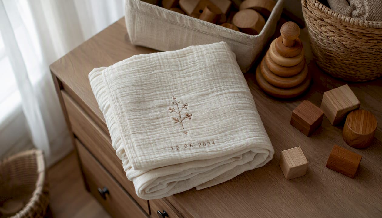Folded personalised baby wrap on nursery shelf