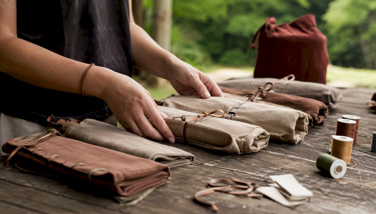 Hands organising personalised fabric wraps and threads