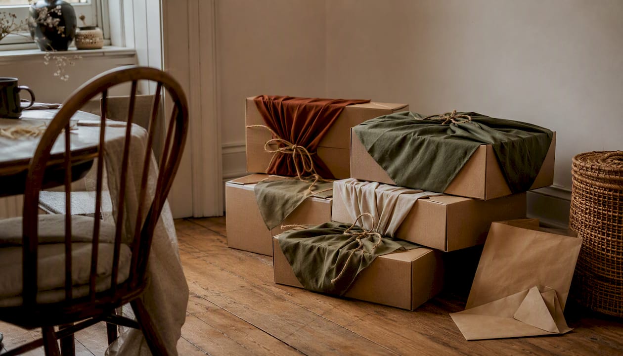 Eco-friendly gift boxes with fabric wraps ready for shipping