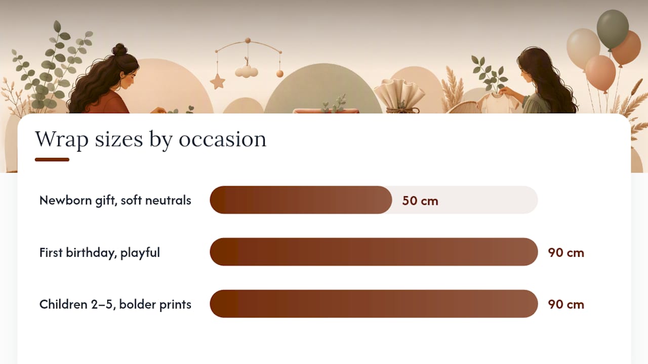 Comparison chart of fabric wrap sizes and styles for baby gifts