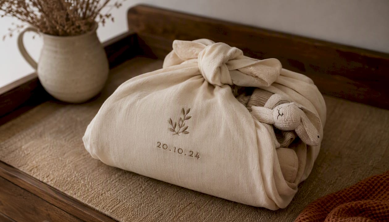 Newborn gift wrapped in personalised fabric