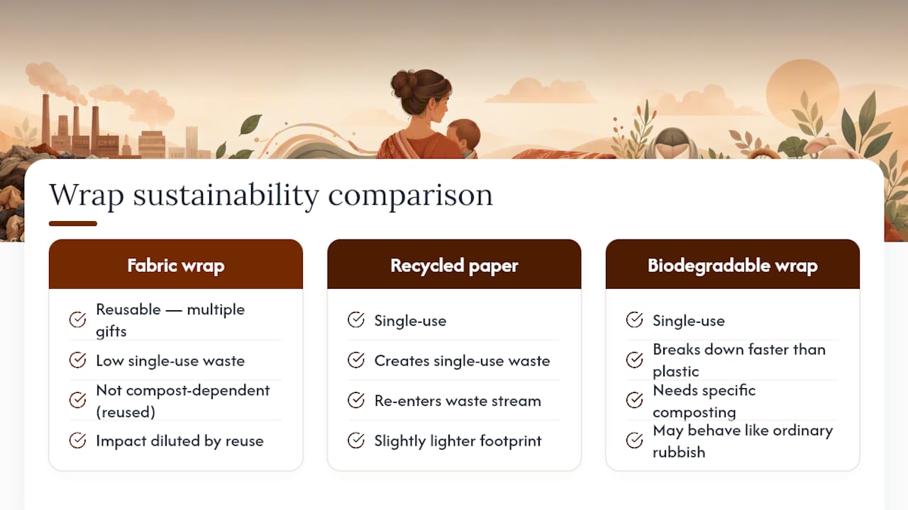 Diagram comparing fabric, recycled paper and biodegradable wraps