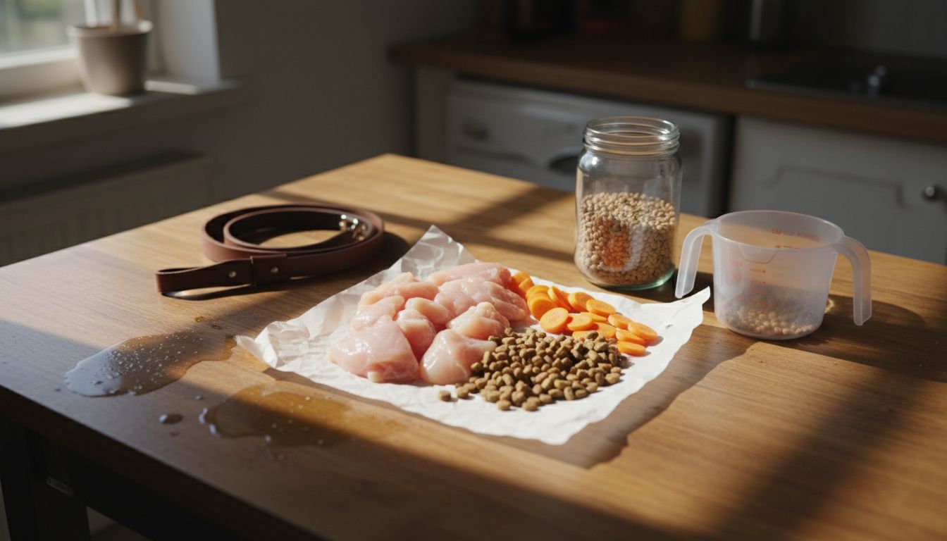 Ingrediënten voor hondenvoer op keukenblad
