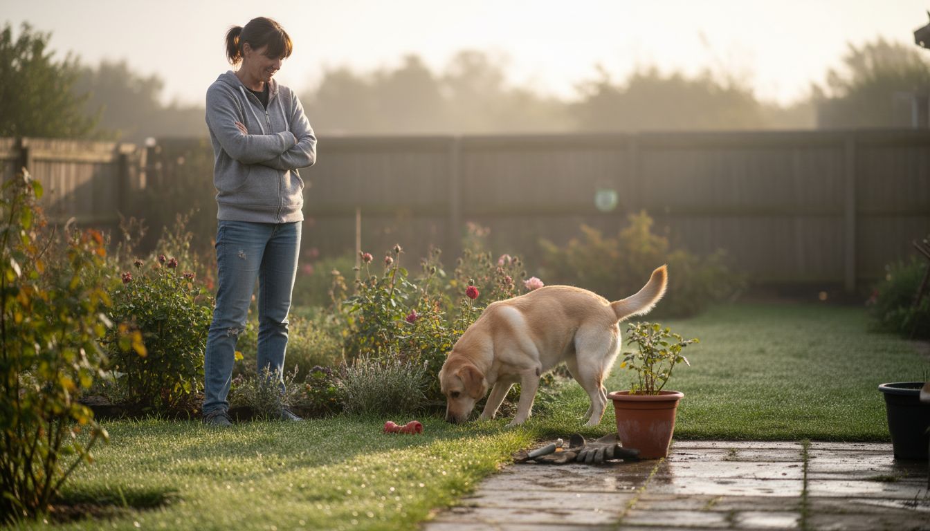Owner monitoring dog’s stool in garden