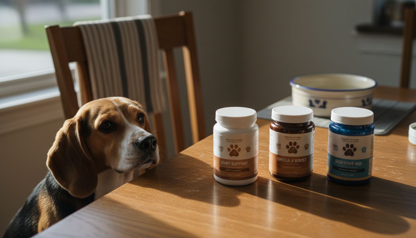 Beagle met diverse supplementpotjes op tafel