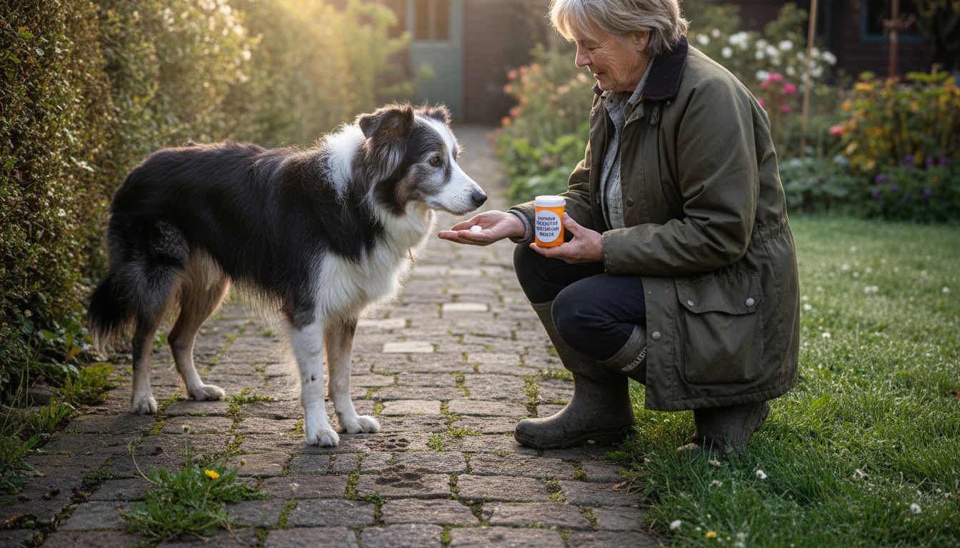 Tijdens de ochtendwandeling krijgt de hond zijn supplement gewoon lekker buiten.