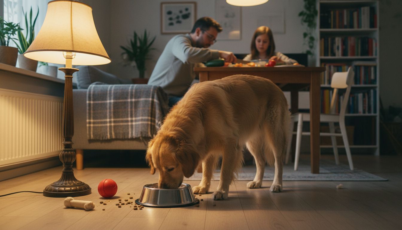 Onze golden retriever geniet lekker van zijn eten in de woonkamer.