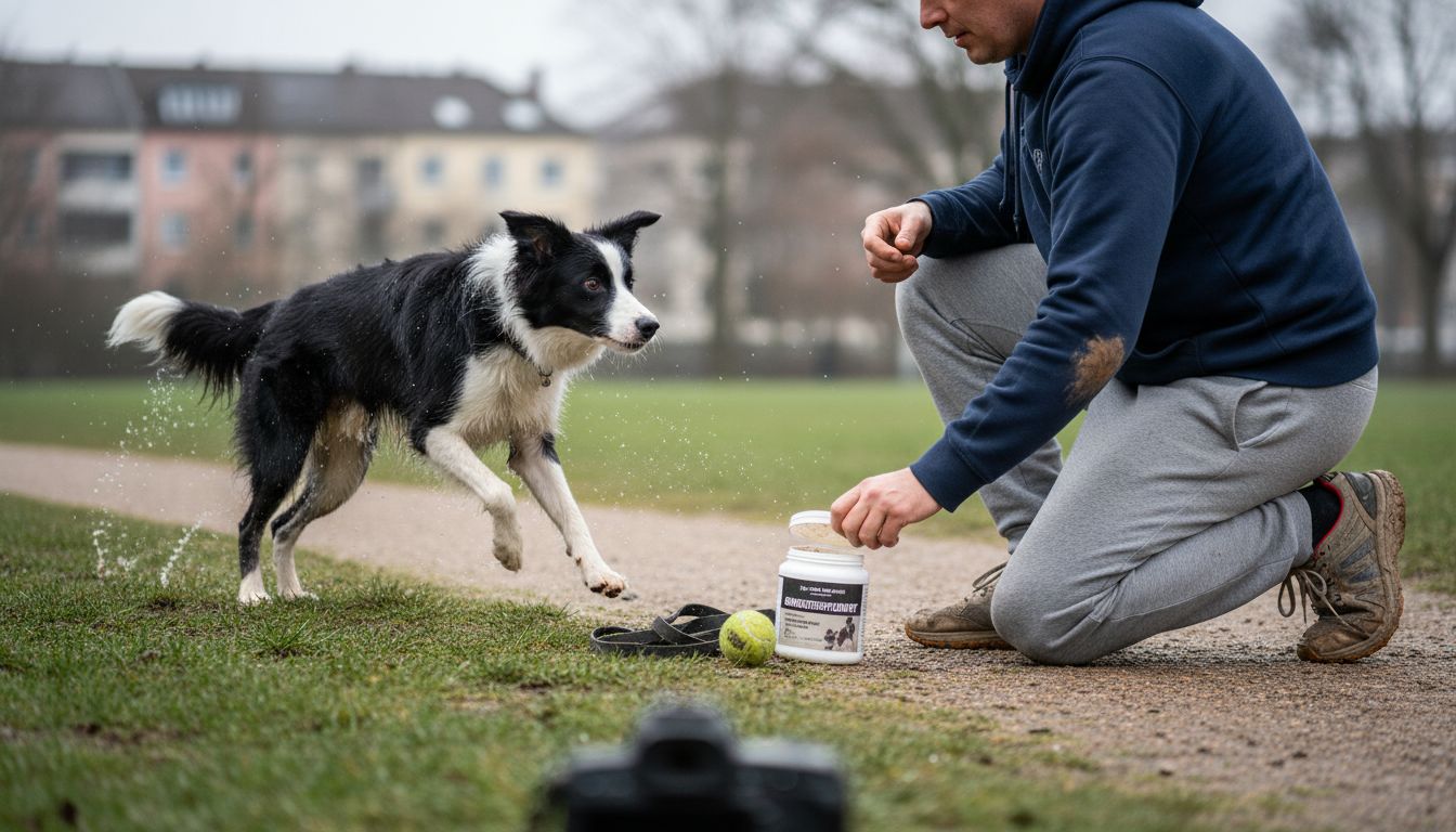 Een energieke hond die samen met zijn baasje buiten is, genietend van een supplement.