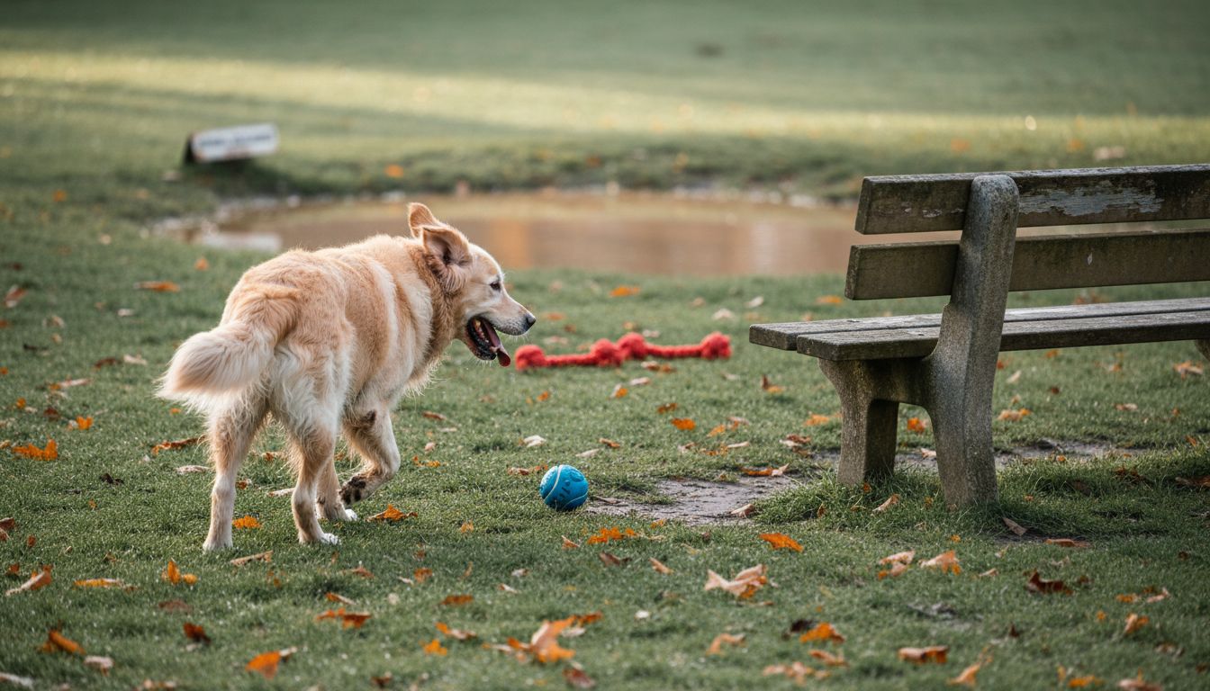 Een oudere hond die lekker in het park rent om soepel te blijven.