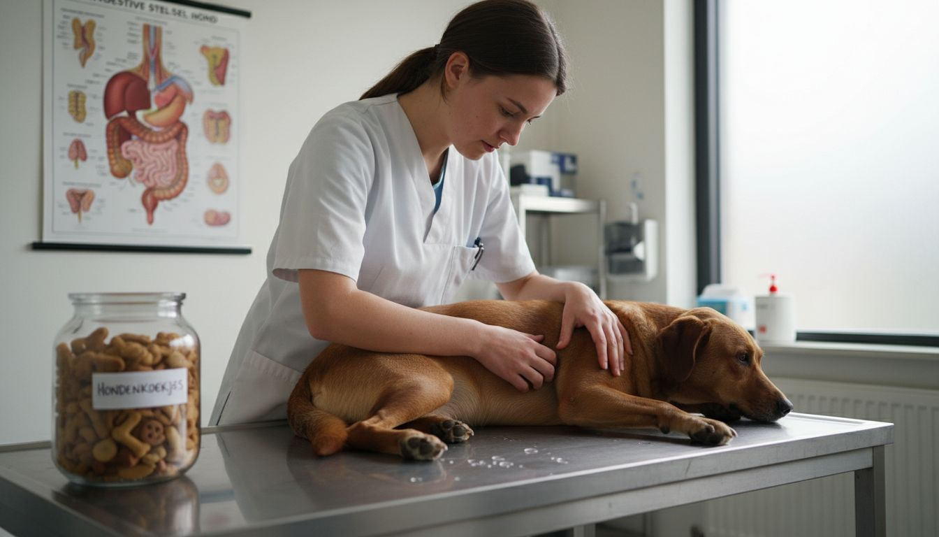 De dierenarts voelt aan de buik van de hond terwijl het dier op de behandeltafel ligt.