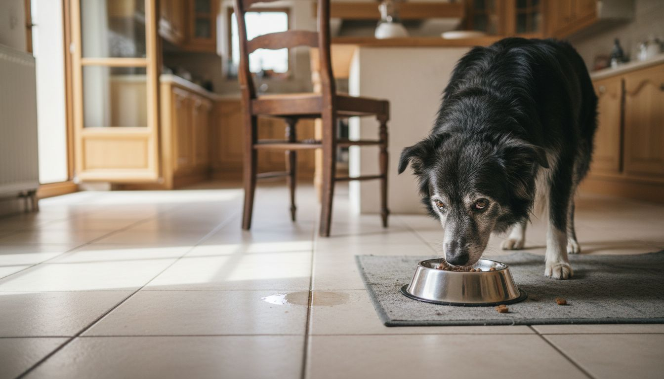 Een oudere hond geniet van zijn maaltijd in de keuken.