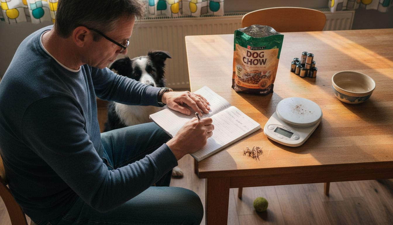 Man bekijkt het hondenvoer terwijl hij aan de eettafel zit.