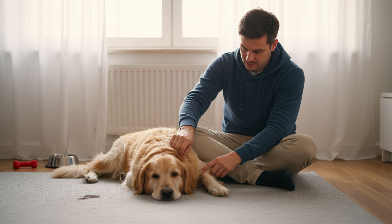 Een baasje bekijkt aandachtig de poot van zijn hond om te controleren of die dik is.