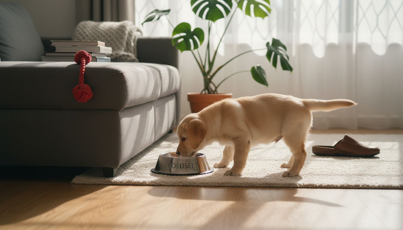Nieuwsgierige pup snuffelt rond bij zijn voerbak in het zonnetje