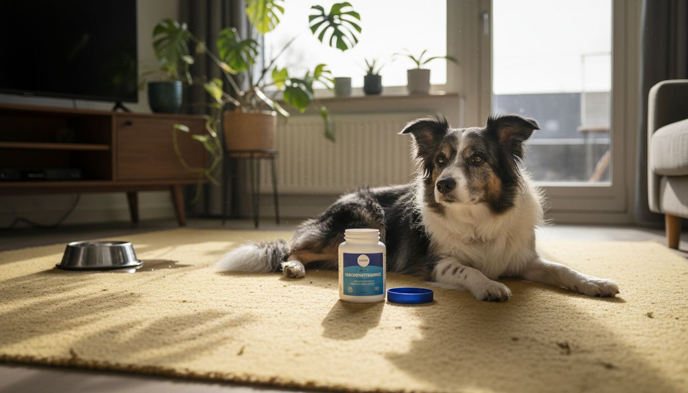 Een oudere hond zit naast een pot met supplementen in de woonkamer.