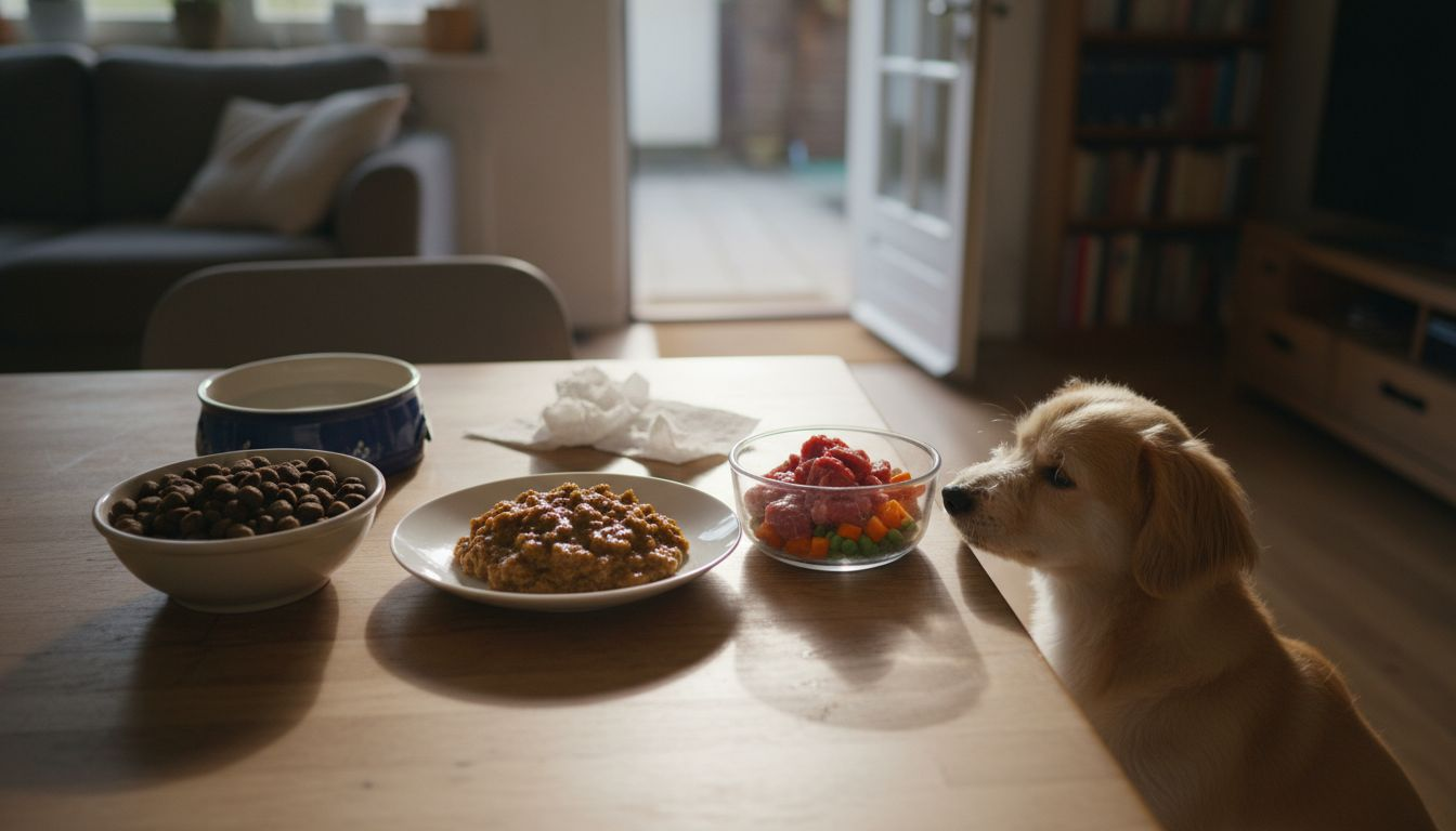 Drie soorten hondenvoer op het aanrecht