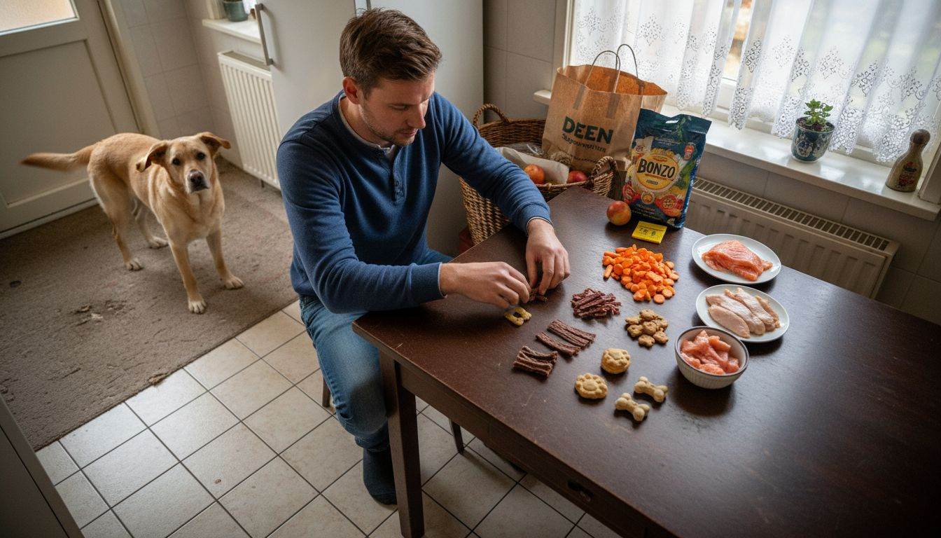 Man bekijkt en vergelijkt de ingrediënten van gezonde hondensnacks