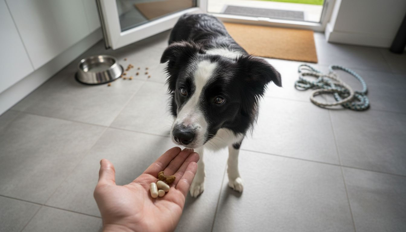 Een border collie snuffelt nieuwsgierig aan wat supplementen die op de keukenvloer liggen.