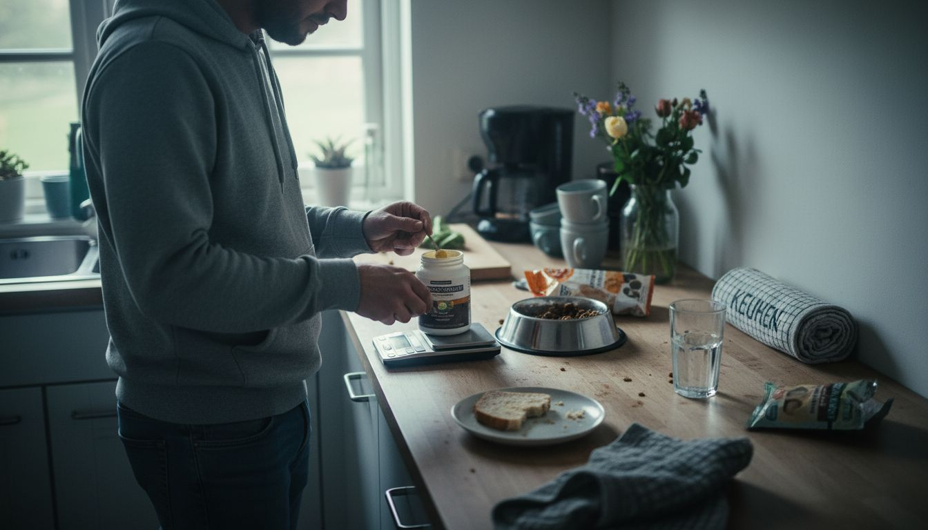 In de keuken staat een man zorgvuldig de supplementen voor zijn hond af te meten.