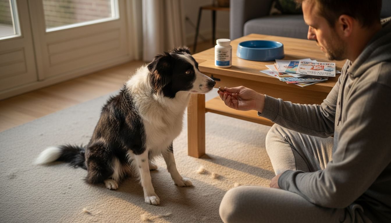 De baas geeft zijn hond thuis een voedingssupplement.