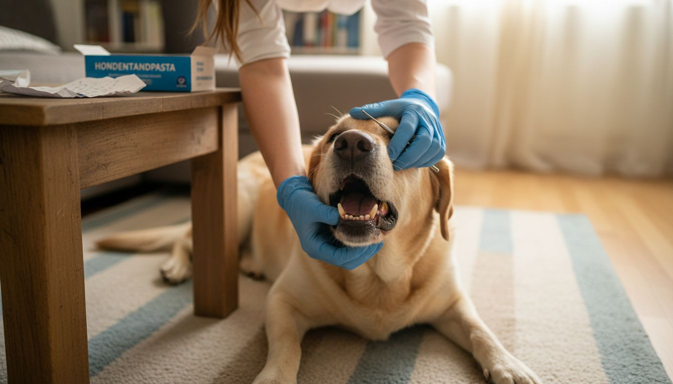 In de woonkamer bekijkt de dierenarts het gebit van de hond.