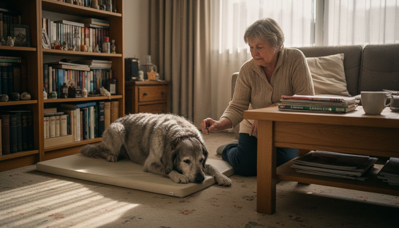 Een oudere hond krijgt een voedingssupplement van zijn baasje.