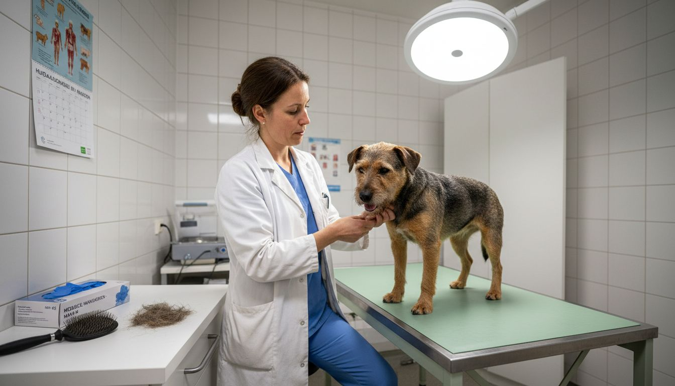 De dierenarts bekijkt de hond zorgvuldig op eventuele huidproblemen.