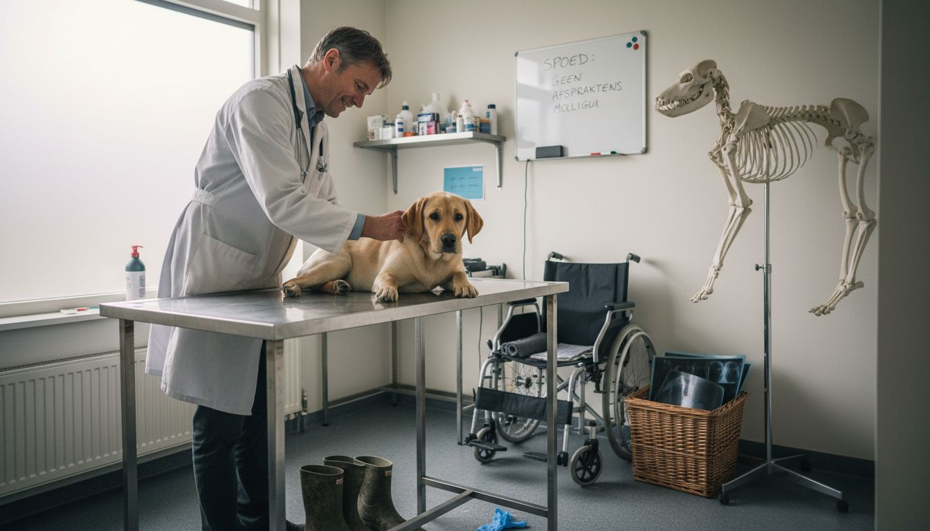 De dierenarts onderzoekt de gewrichten van een hond tijdens het consult in de praktijk.