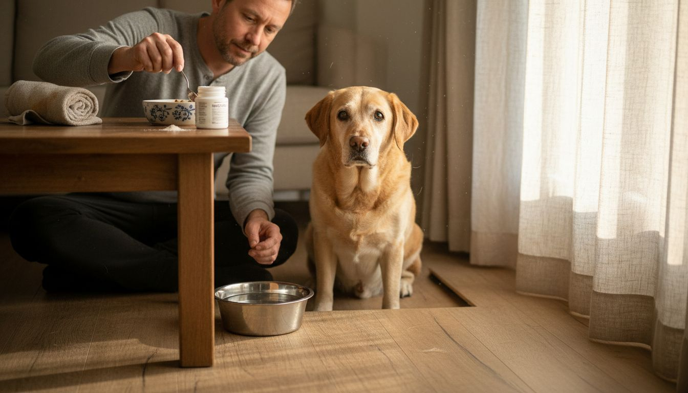Aan de eettafel roert een man een voedingssupplement door het voer van zijn hond.
