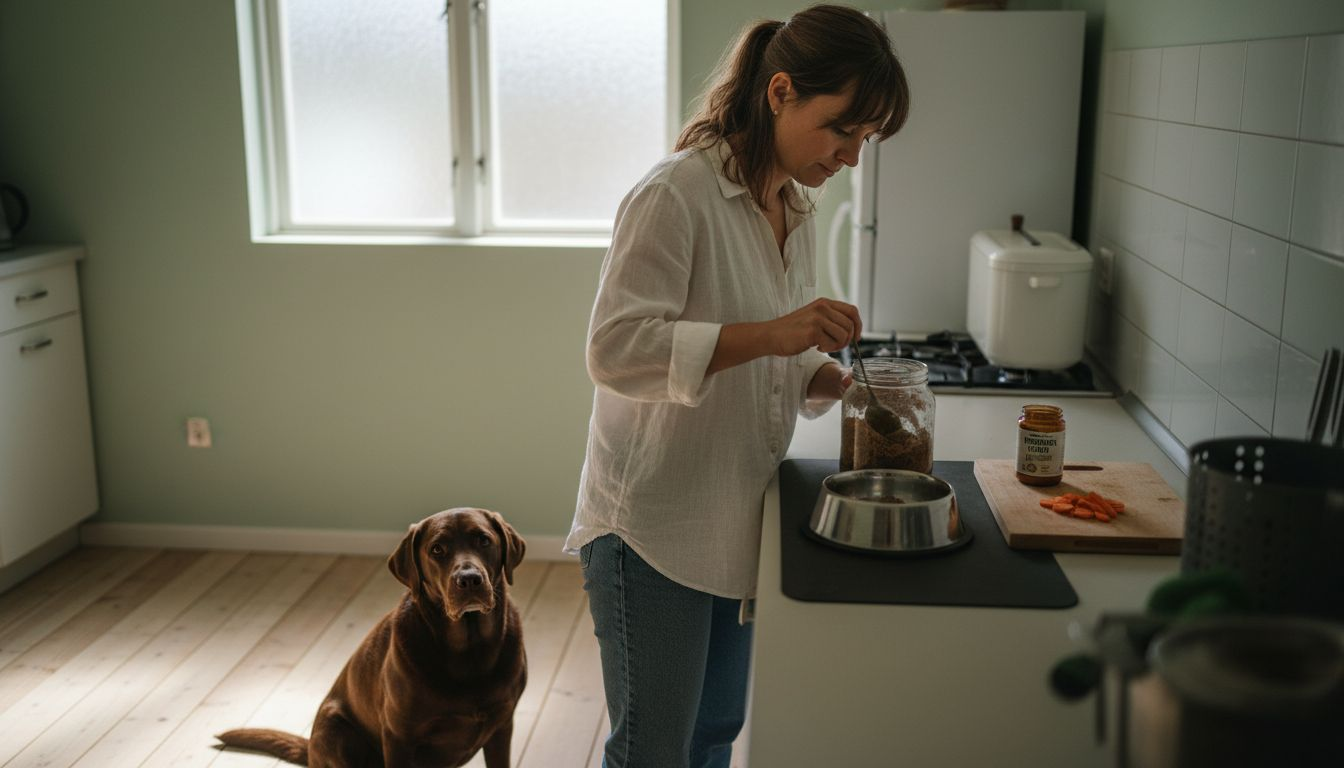Een vrouw geeft haar hond speciaal voer om de darmflora gezond te houden.