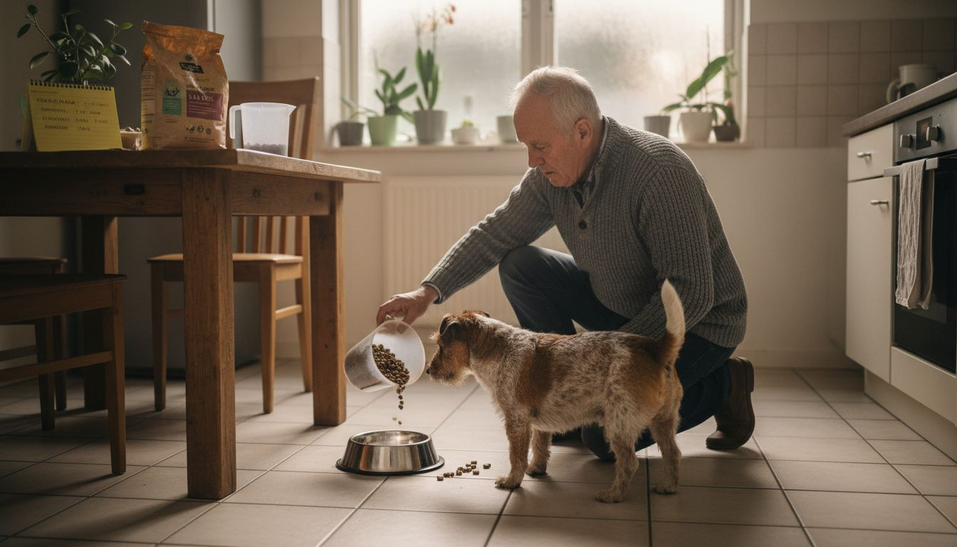 Man bouwt rustig het nieuwe hondenvoer op