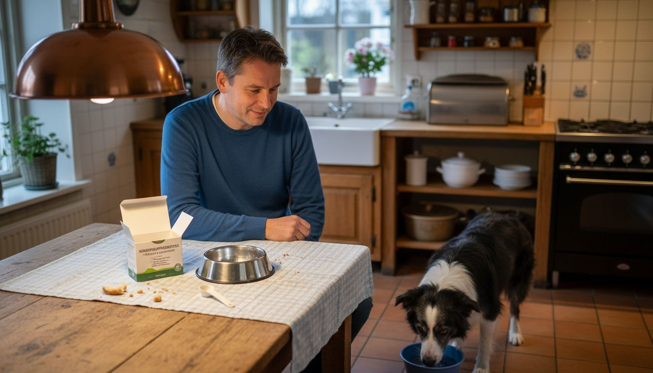 Een man geeft zijn oudere hond extra voedingssupplementen om hem gezond en vitaal te houden.