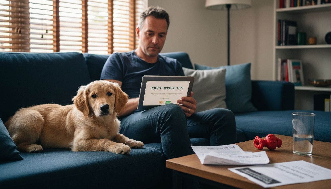 Een man verdiept zich samen met zijn jonge hond in een blog over puppycursus.