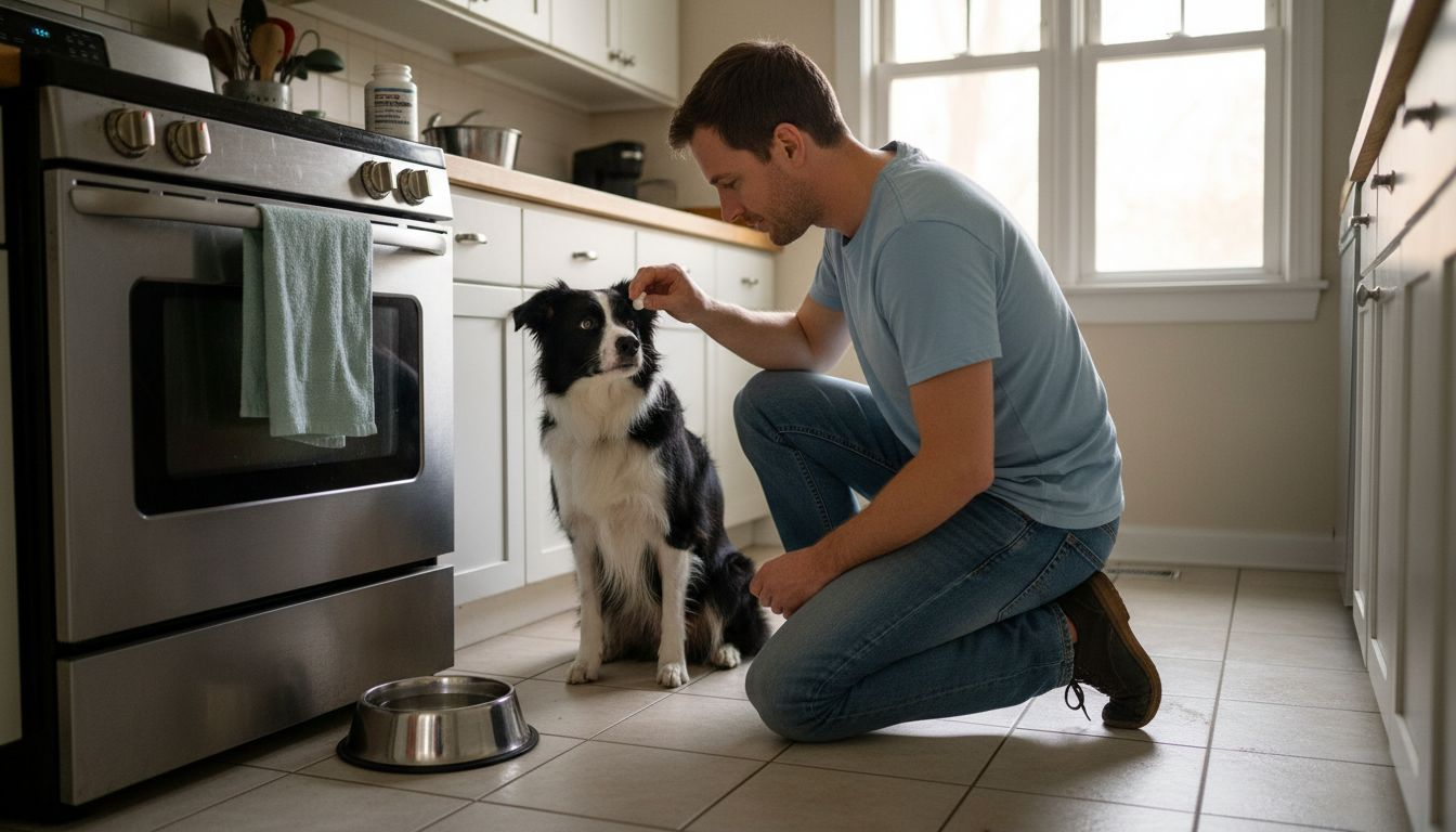 In de keuken geeft het baasje zijn hond een voedingssupplement.