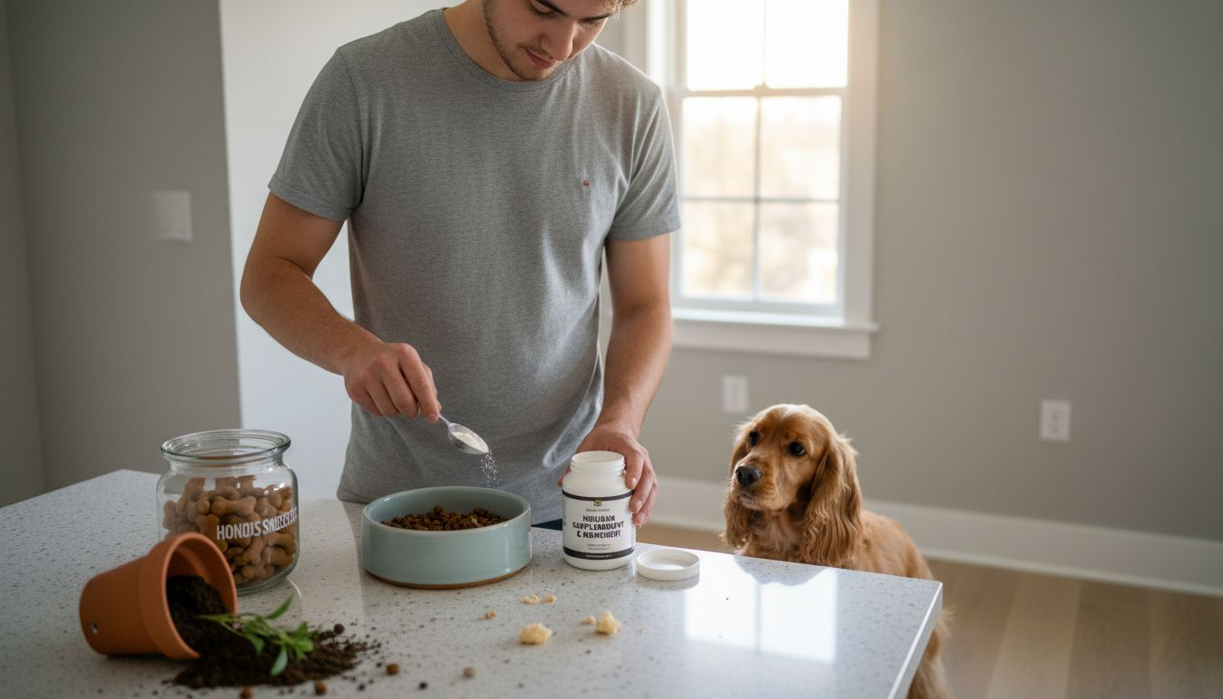 Een man kiest ervoor om zijn hond te ondersteunen met natuurlijke supplementen.