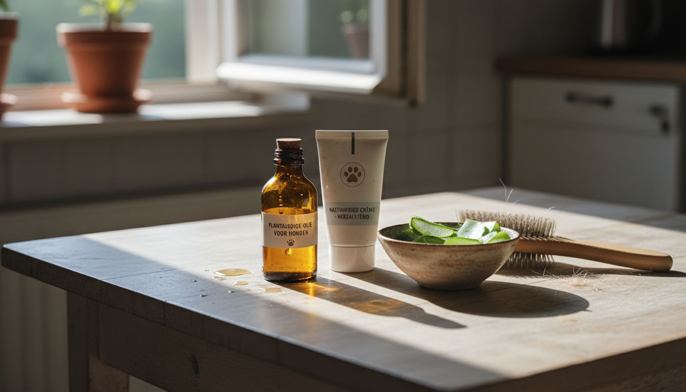 Een tafel vol met natuurlijke verzorgingsproducten voor honden