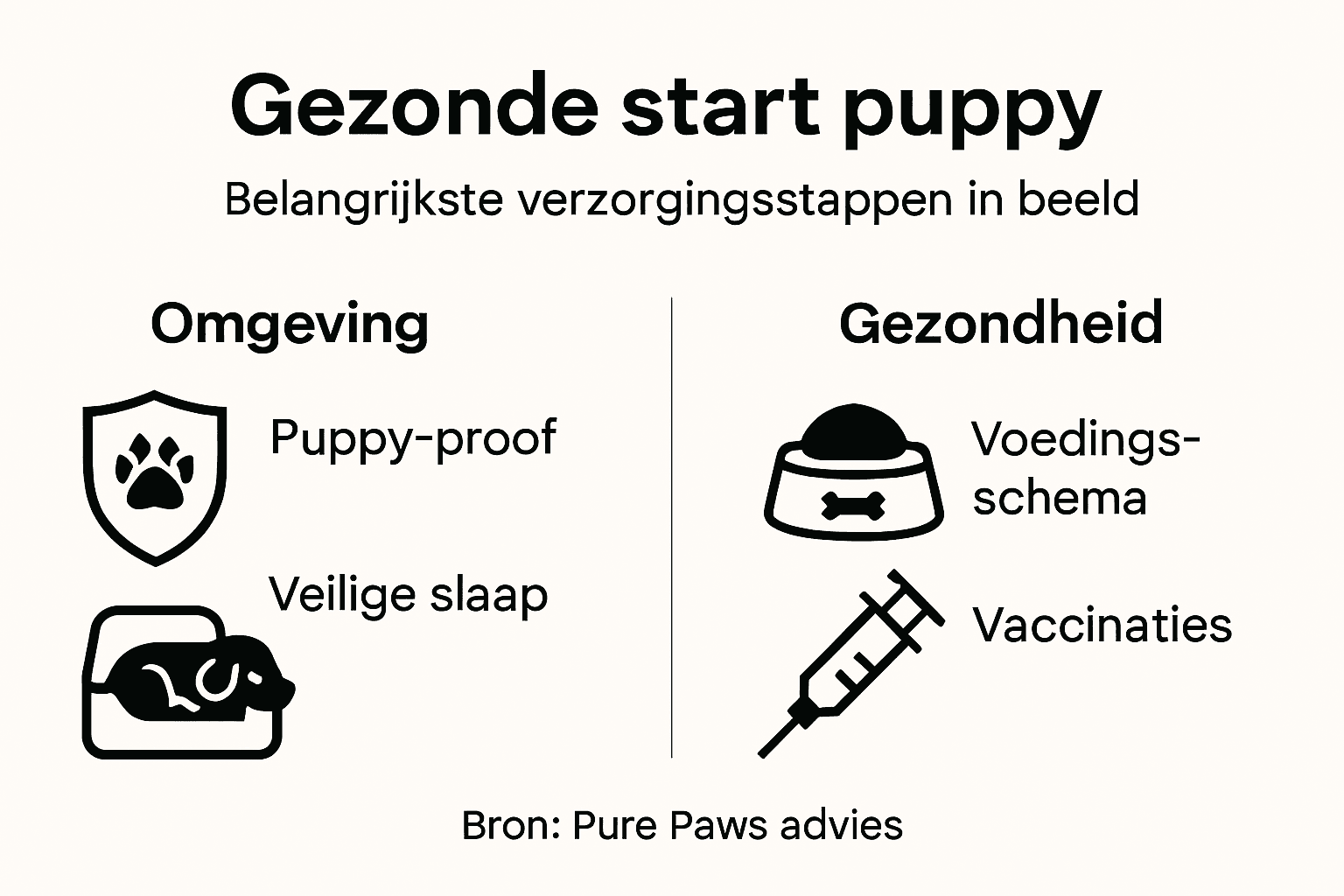 Overzichtelijke infographic met handige stappen en praktische tips voor de verzorging van je puppy